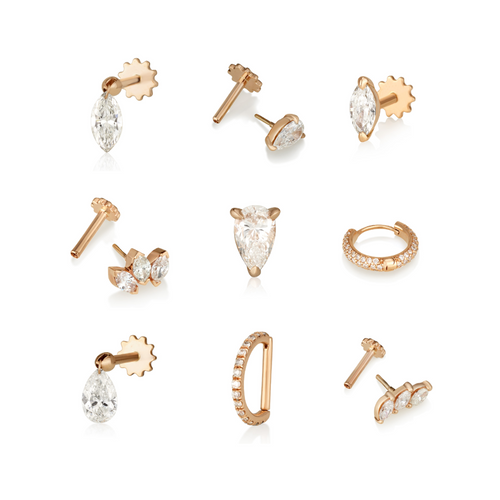 מבחר של עגילי פירסינג מזהב ויהלומים גדולים ואיכותיים מתאימים לניקוב חור חדש באוזן