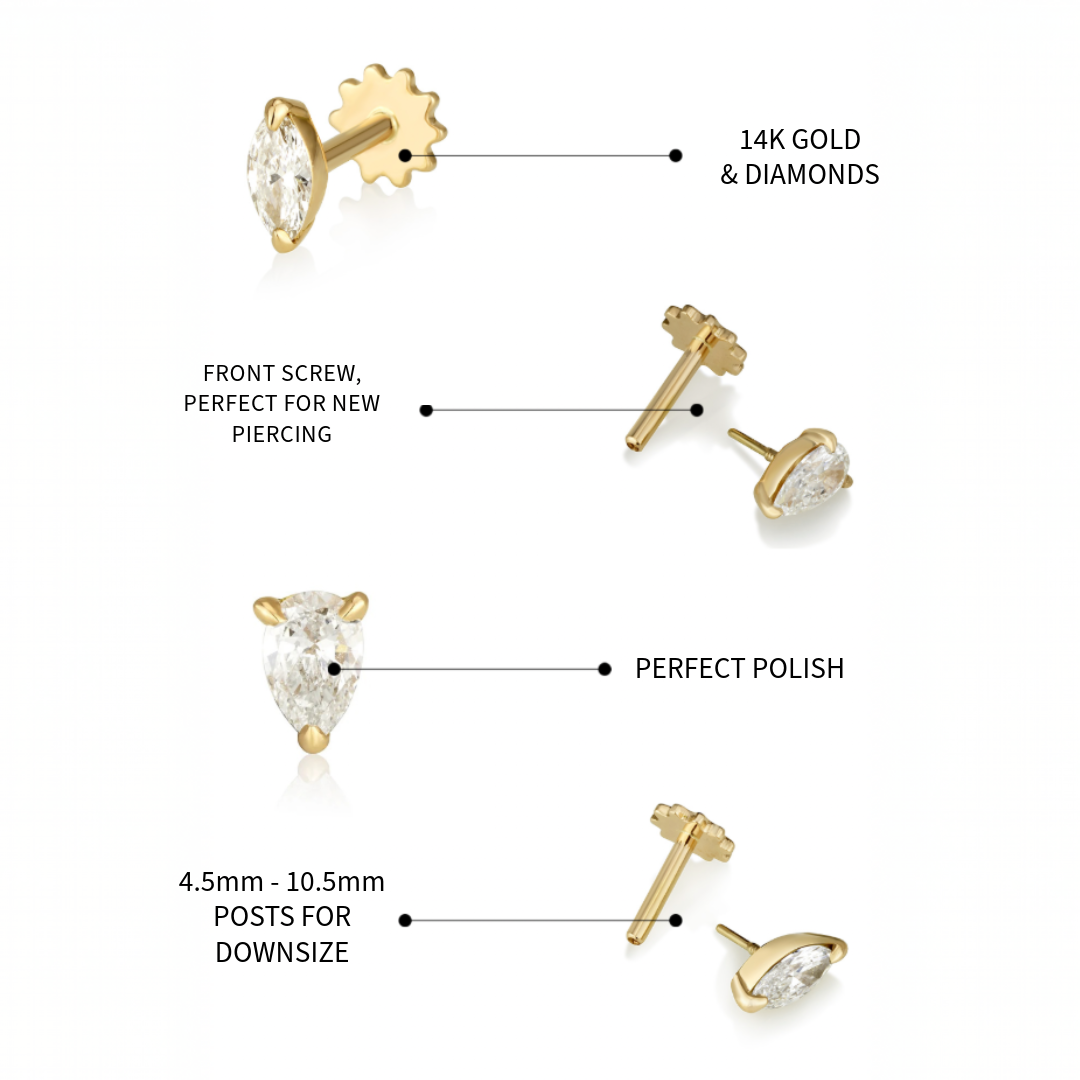 עגיל פירסינג מזהב ויהלום גדול לניקוב חור חדש באוזן