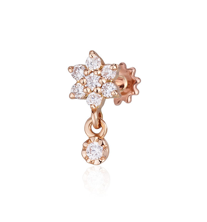 עגיל פירסינג מזהב ורוד משובץ יהלומים בצורת פרח FLOWER DIAMONDS PIERCING LABRET