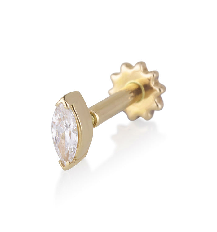 עגיל פירסינג צמוד מזהב צהוב משובץ יהלום מרקיזה מתאים לניקוב חדש באוזן MARQUISE DIAMOND PIERCING LABRET NO 1