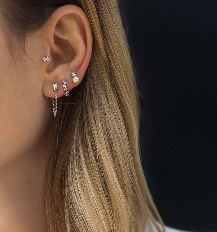 עגיל פירסינג מזהב לבן משובץ פנינה ויהלום DIAMOND AND PEARL PIERCING LABRET 5