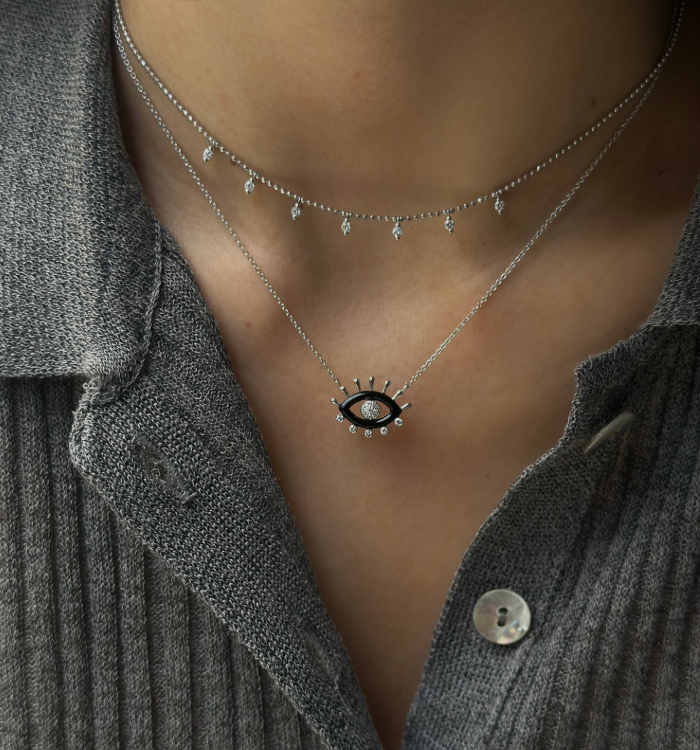 שרשרת עין זהב לבן משובצת יהלומים ואמייל שחור ELENA EYE NECKLACE