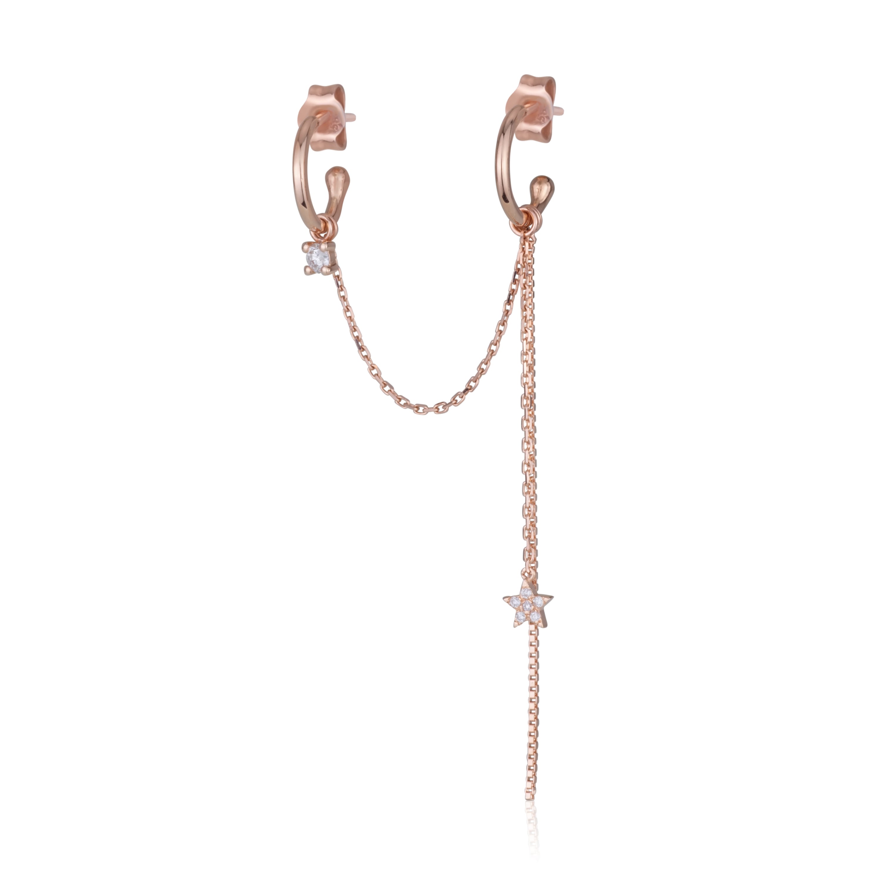 עגיל ארוך מחובר מזהב ורוד משובץ יהלומים HOOK-4 DIAMONDS EARRING