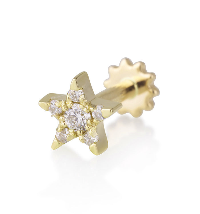 עגיל פירסינג צמוד בצורת כוכב מזהב צהוב משובץ יהלומים STAR DIAMONDS PIERCING LABRET