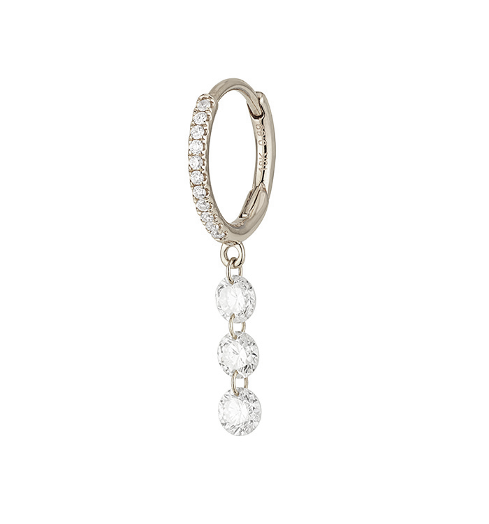 עגיל חישוק זהב לבן ושלושה יהלומי בריולט BRIOLTTE THREE DIAMONDS EARRING