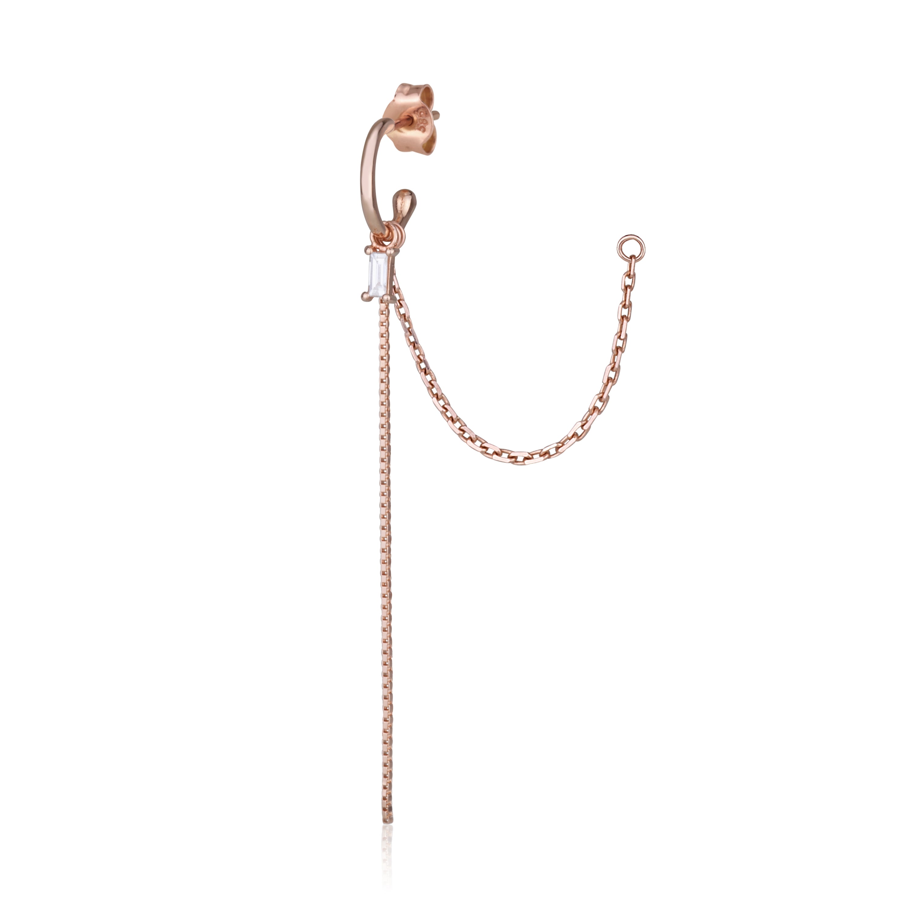 עגיל ארוך מחובר מזהב ורוד משובץ יהלומים HOOK-3 DIAMONDS EARRING