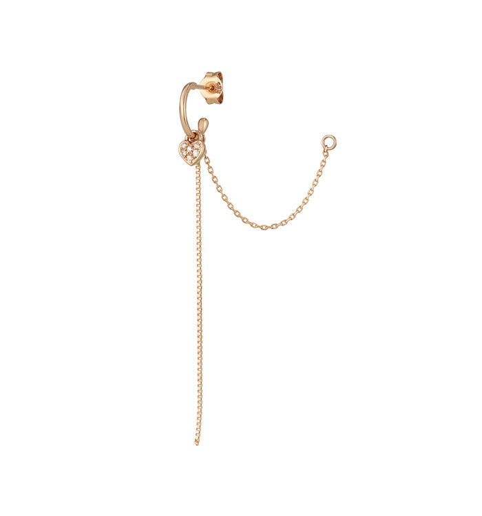 עגיל לב קטן ארוך מזהב ורוד משובץ יהלומים HOOK-HEARAT DIAMONDS EARRING