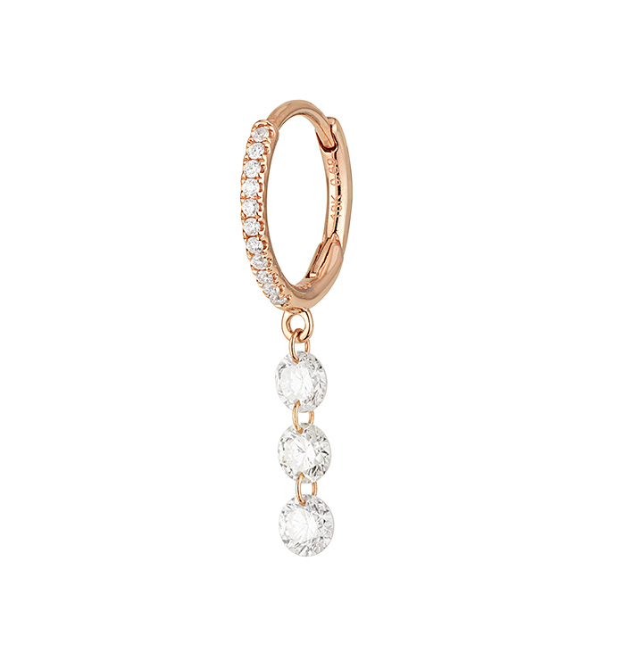 עגיל חישוק זהב ורוד ושלושה יהלומי בריולט BRIOLTTE THREE DIAMONDS EARRING