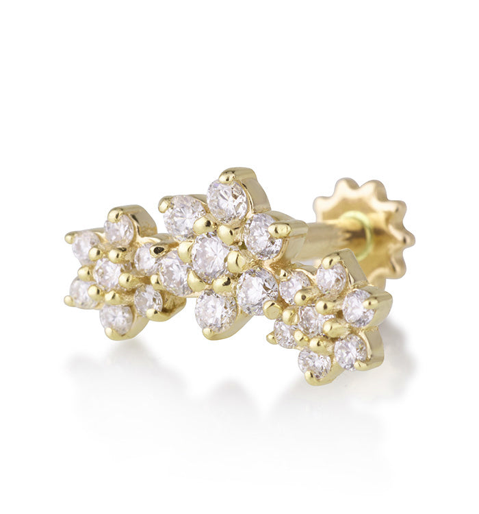 עגיל פירסינג פרחים מזהב צהוב משובץ יהלומים THREE FLOWER DIAMONDS PIERCING LABRET 2