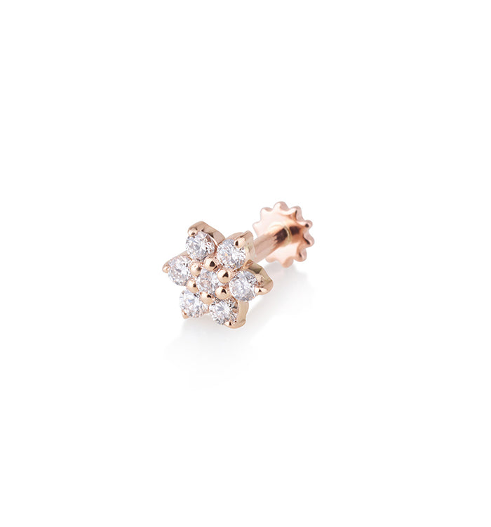 עגיל פירסינג מזהב ורוד משובץ יהלומים בצורת פרח SMALL FLOWER DIAMONDS PIERCING LABRET 2