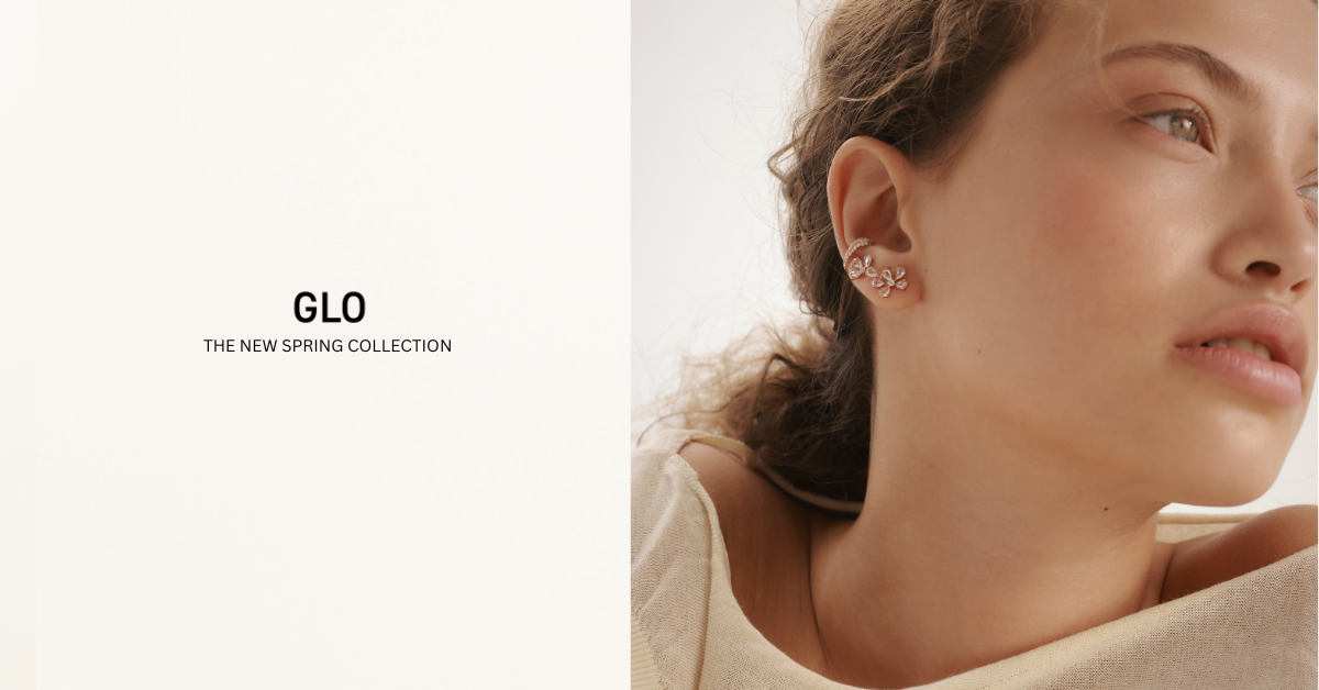 דוגמנית עם עגילים מזהב משובצים יהלומי רוז קאט טבעיים מתוך הקולקציה החדשה של GLO באווירה נקייה והרמונית