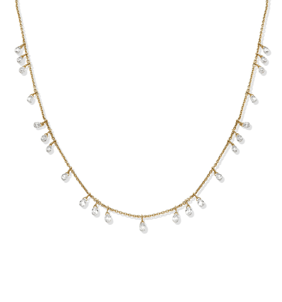 Luna necklace in yellow gold with floating natural rose cut teardrop diamonds