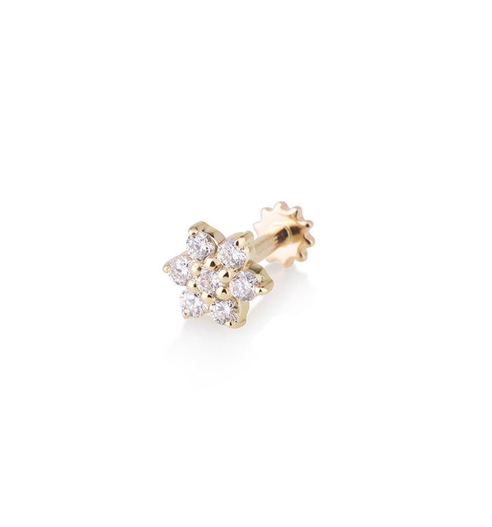 עגיל פירסינג מזהב צהוב משובץ יהלומים בצורת פרח SMALL FLOWER DIAMONDS PIERCING LABRET 2