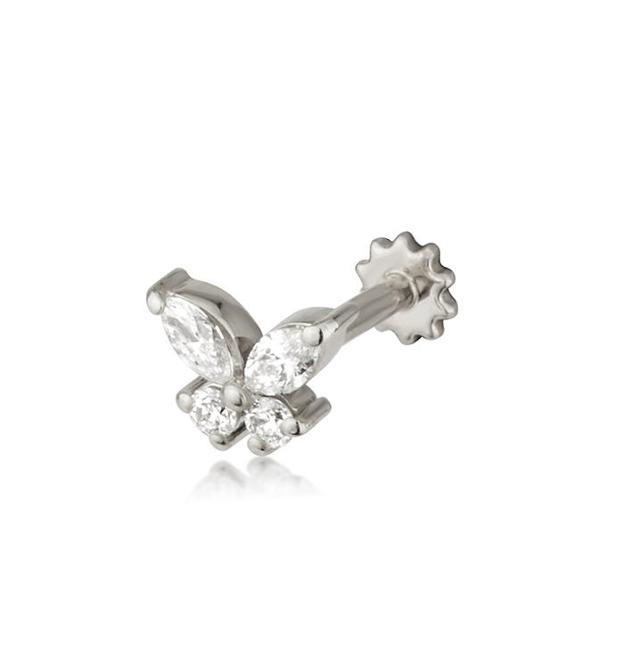 עגיל פירסינג צמוד מזהב לבן משובץ שלושה יהלומים בחיתוך מרקיזות בצורת פרפר, מתאים לניקוב חדש באוזן MARQUISE DIAMOND PIERCING LABRET NO 1 