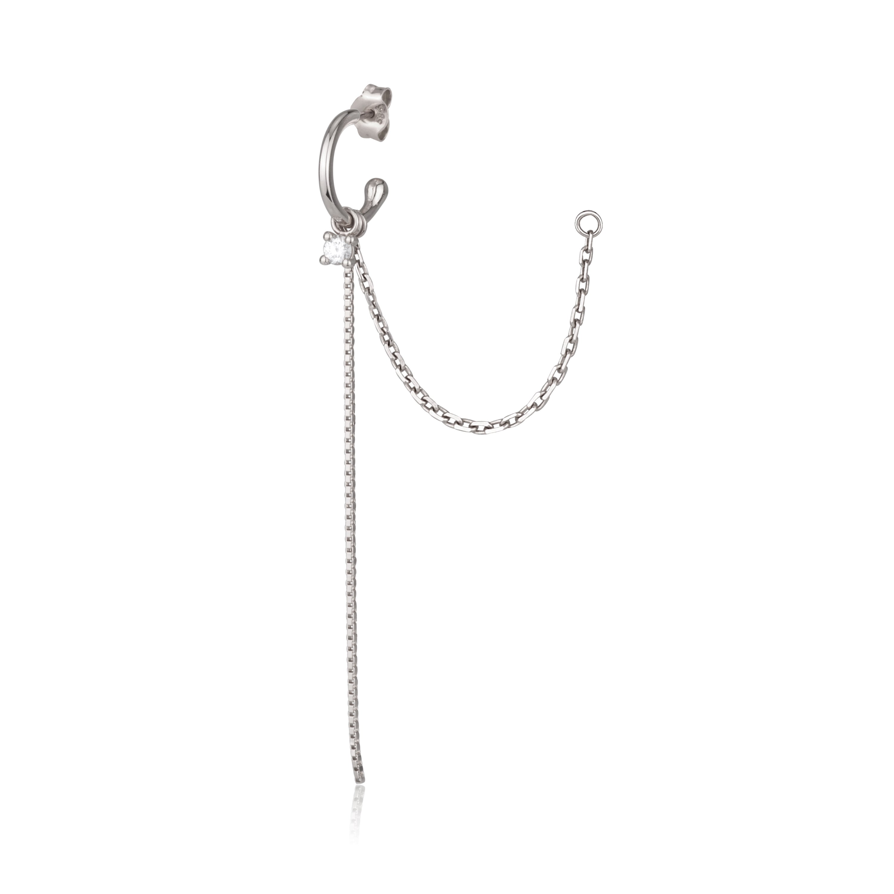 עגיל  ארוך מחובר מזהב לבן משובץ יהלומים HOOK-2 DIAMONDS EARRING