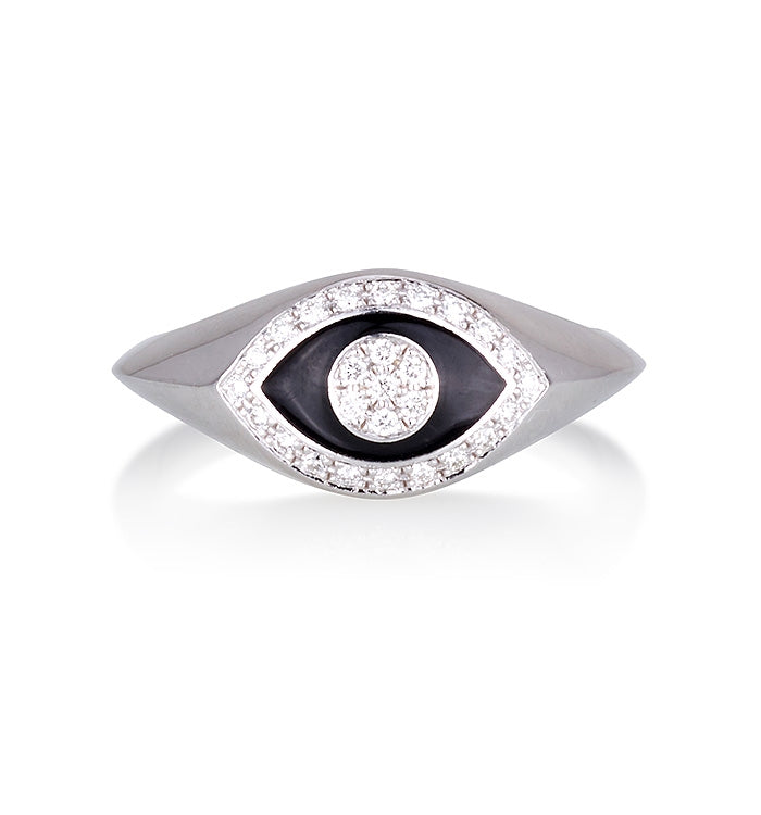 טבעת עין מזהב לבן משובצת יהלומים ואמייל פודרה EYE SIGNET RING