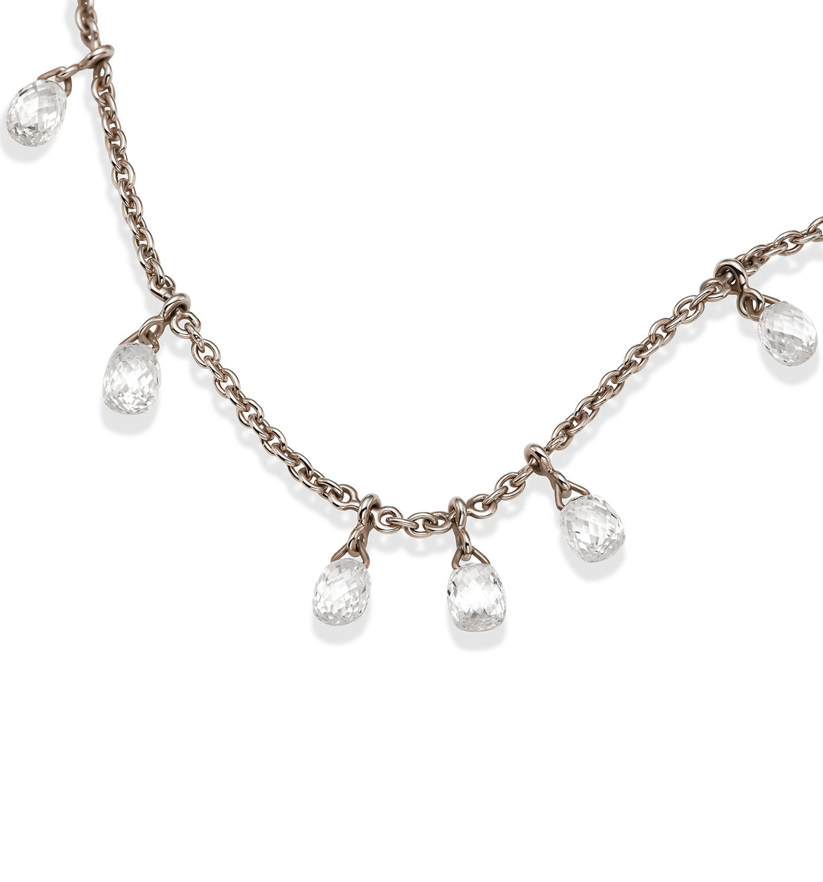Detail of Luna necklace in white gold with floating natural rose cut teardrop diamonds