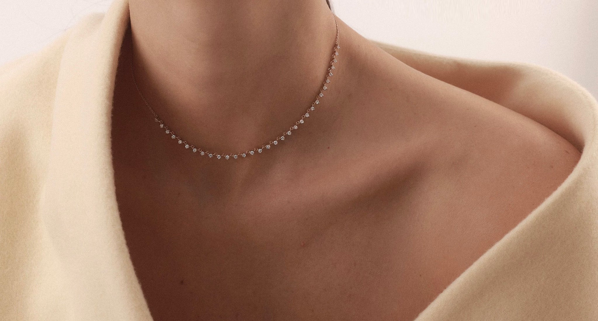 Ariel necklace rose gold set with natural diamonds on model wide view