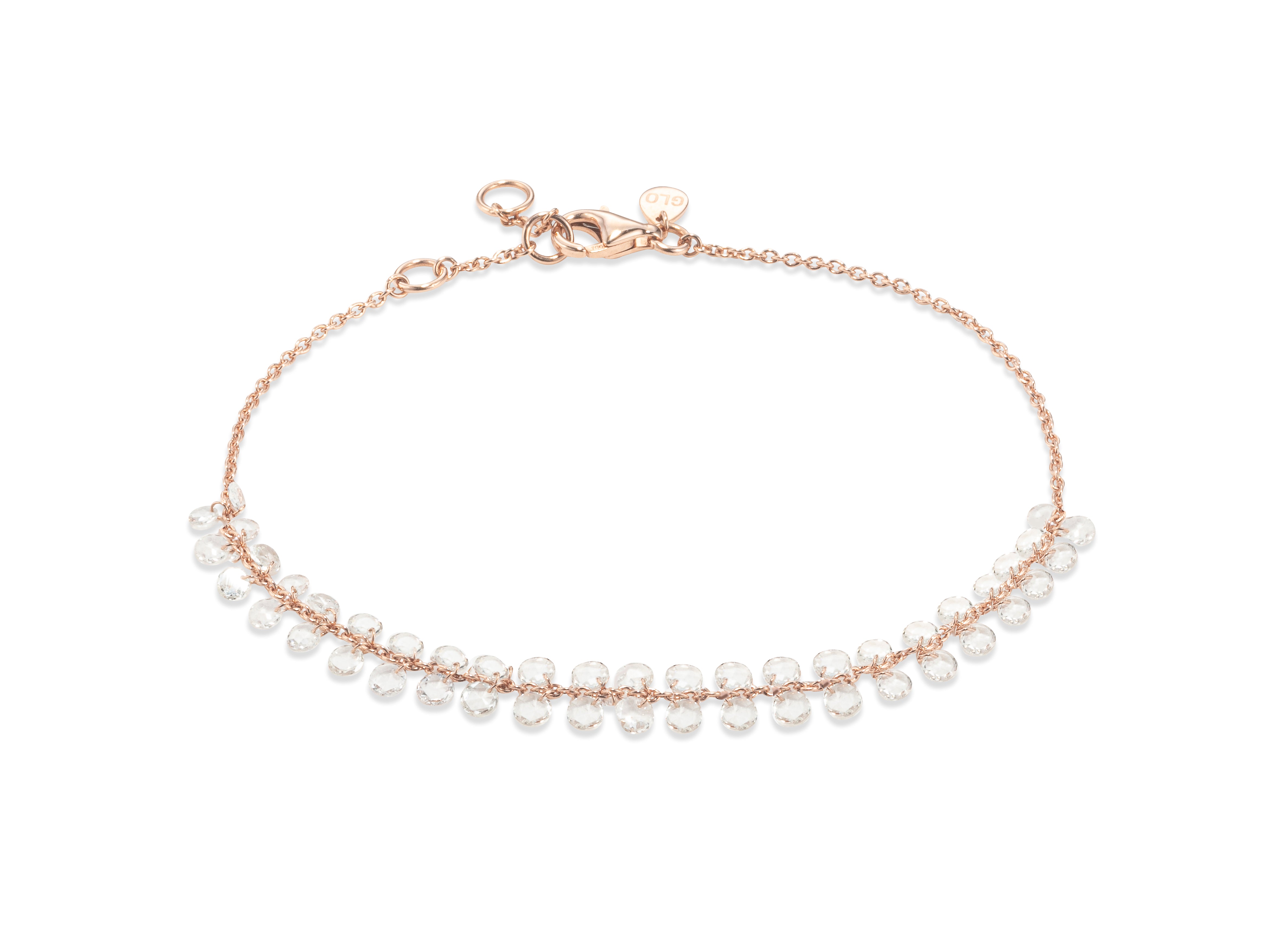 צמיד זהב ורוד BRIGITTE עם יהלומי רוז קאט מרחפים בזווית נוספת המדגישה את התנועה והנפילה של היהלומים