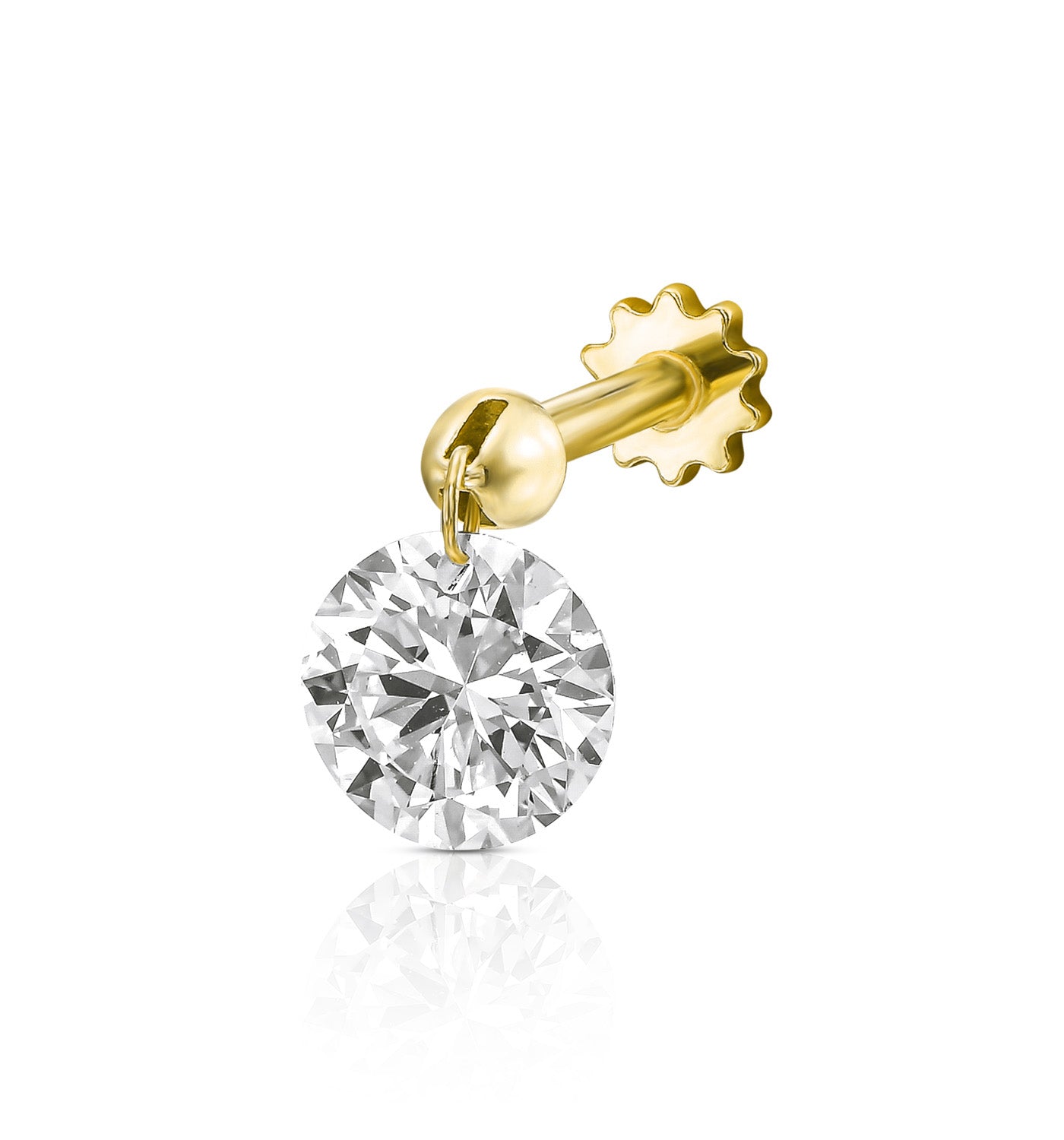 עגיל פירסינג זהב צהוב עם יהלום מעבדה קדוח עגול 0.70 קראט בעיצוב נקי ומדויק