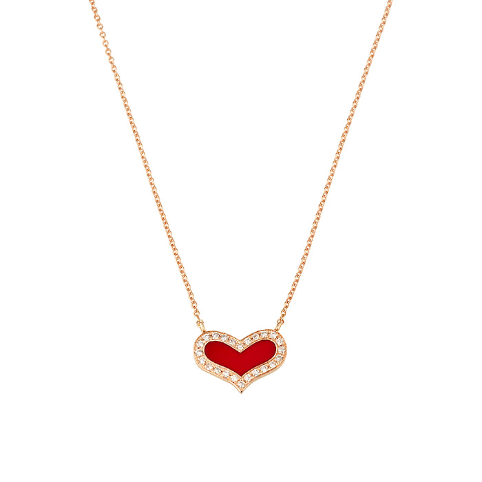 HEART DIAMONDS NECKLACE in rose gold set with natural diamonds and red enamel