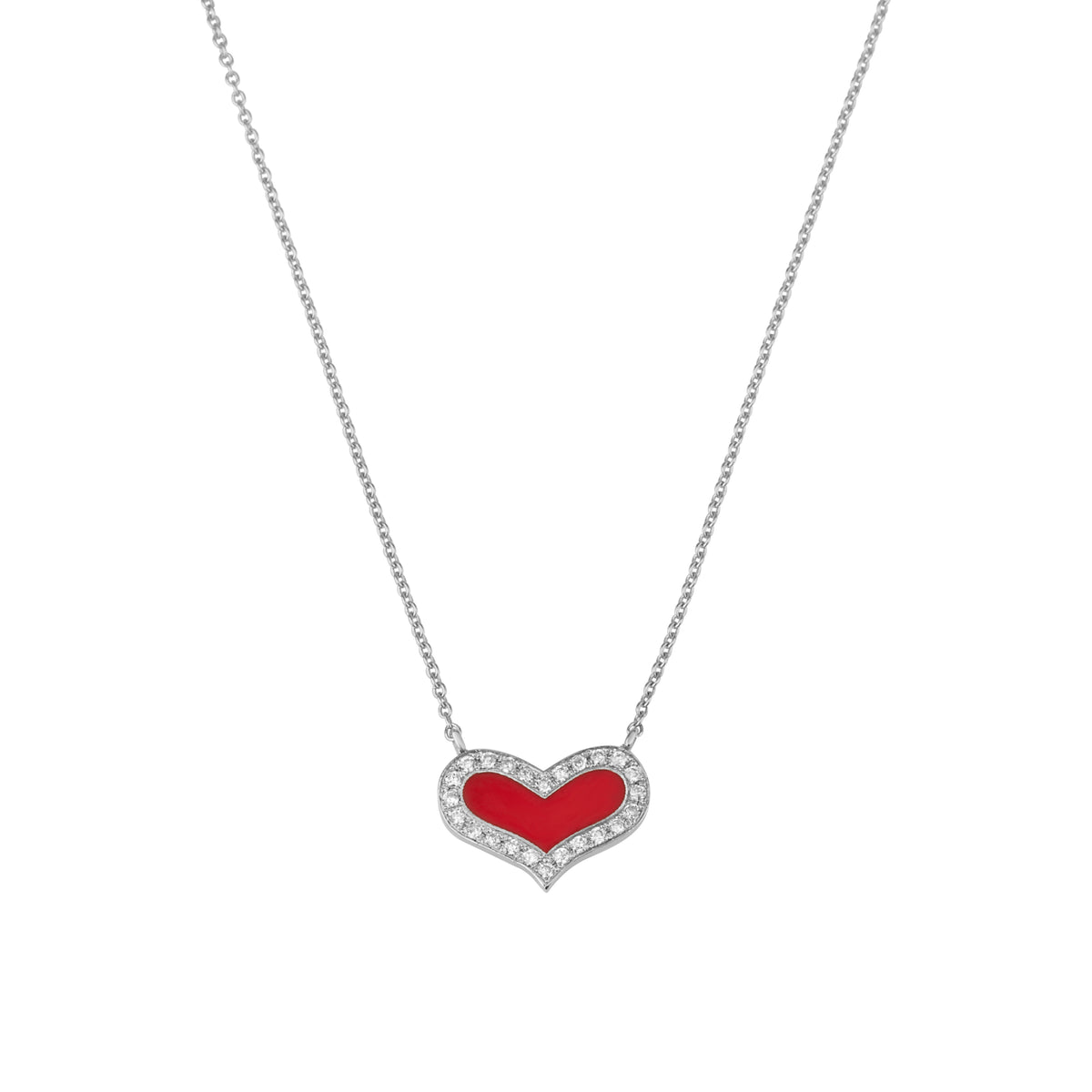 HEART DIAMONDS NECKLACE in white gold set with natural diamonds and red enamel