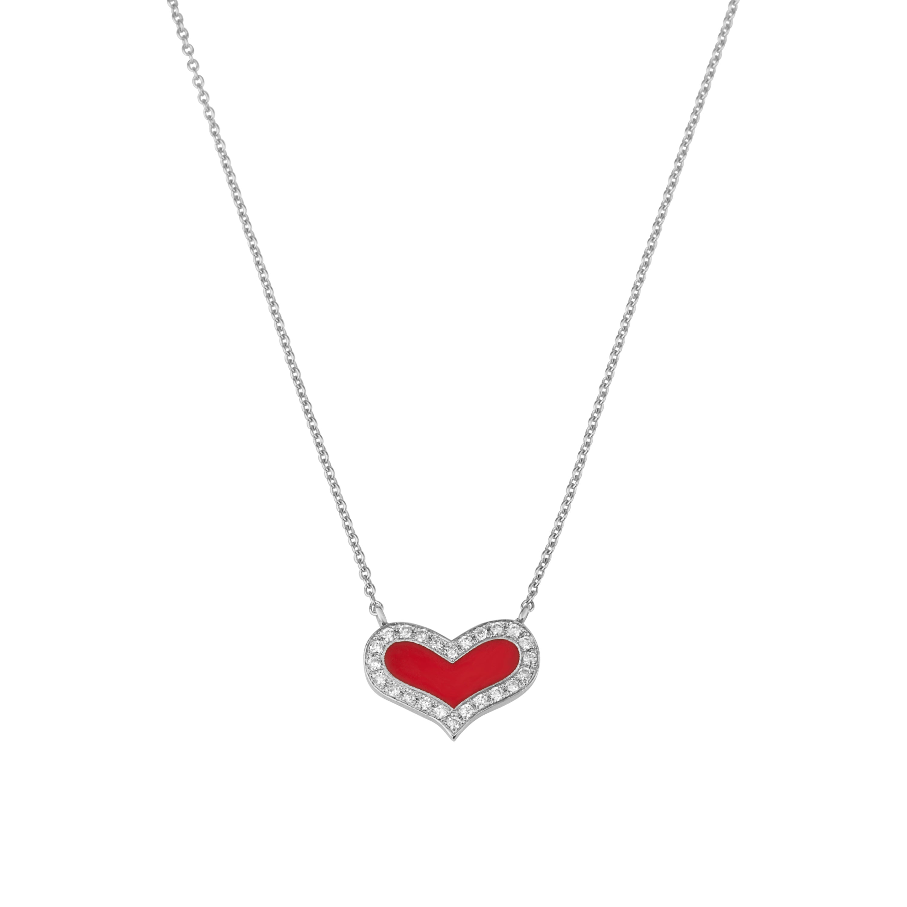 HEART DIAMONDS NECKLACE in white gold set with natural diamonds and red enamel