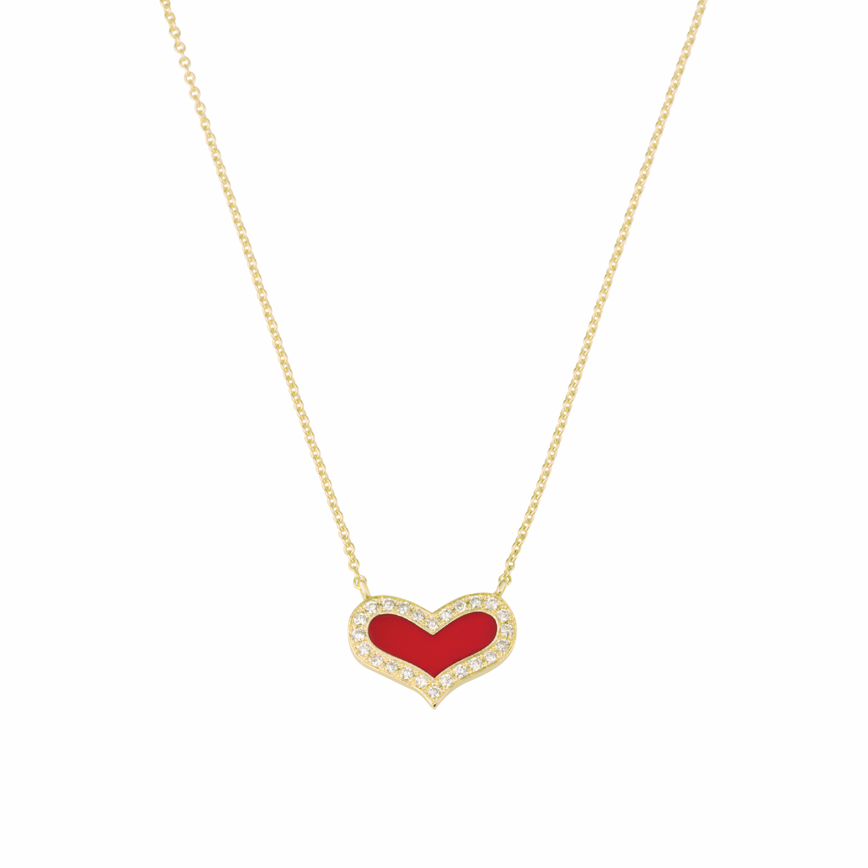 HEART DIAMONDS NECKLACE in yellow gold set with natural diamonds and red enamel