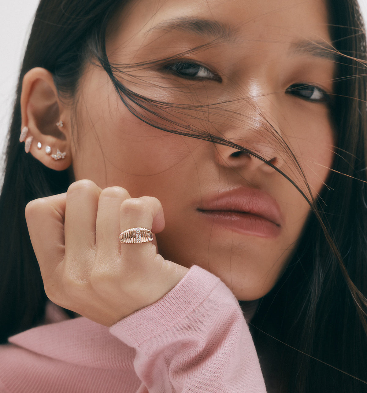 Mila Gold and Diamond Pinky Ring on Model
