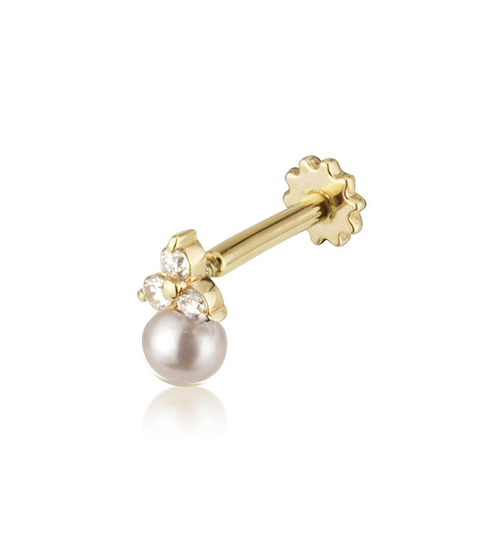 MINI TRIO AND PEARL PIERCING LABRET in yellow gold set with a pearl and natural diamonds