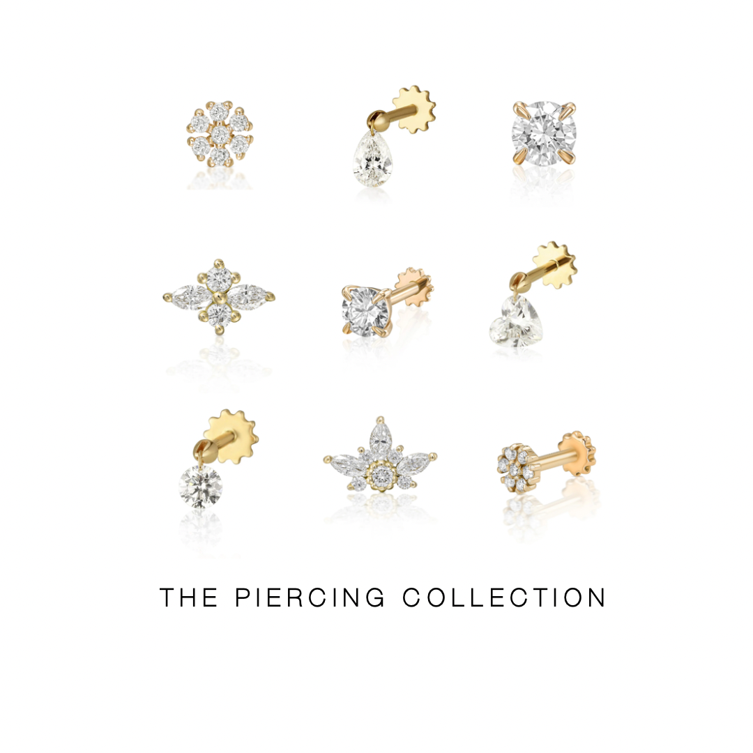 Grid of nine diamond piercing earrings in gold linking to the GLO Jewelries piercing earrings category