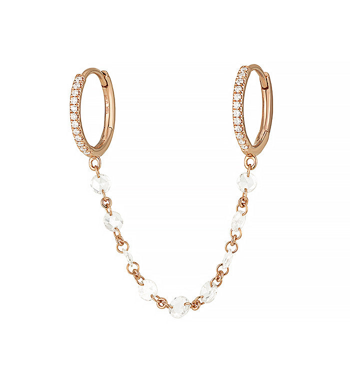 עגיל זהב ורוד RITA לשני חורים עם יהלומי רוז קאט מרחפים בעיצוב מחובר ועדין
