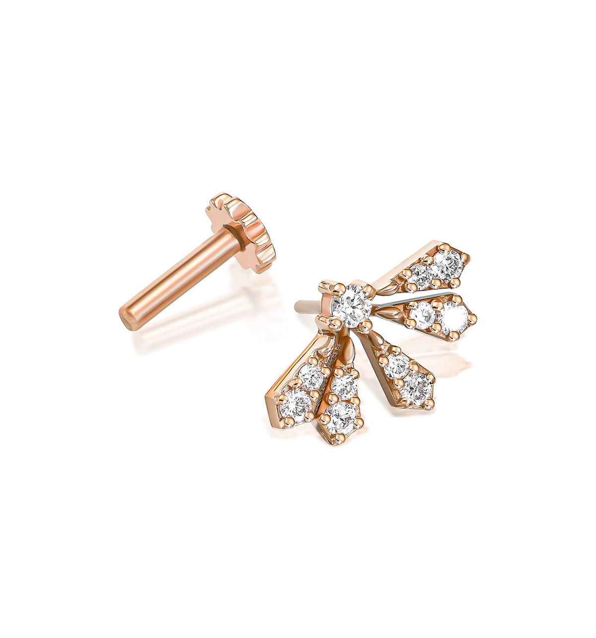 Vivi diamond piercing earring in rose gold set with natural diamonds shown open with the post placed beside the earring