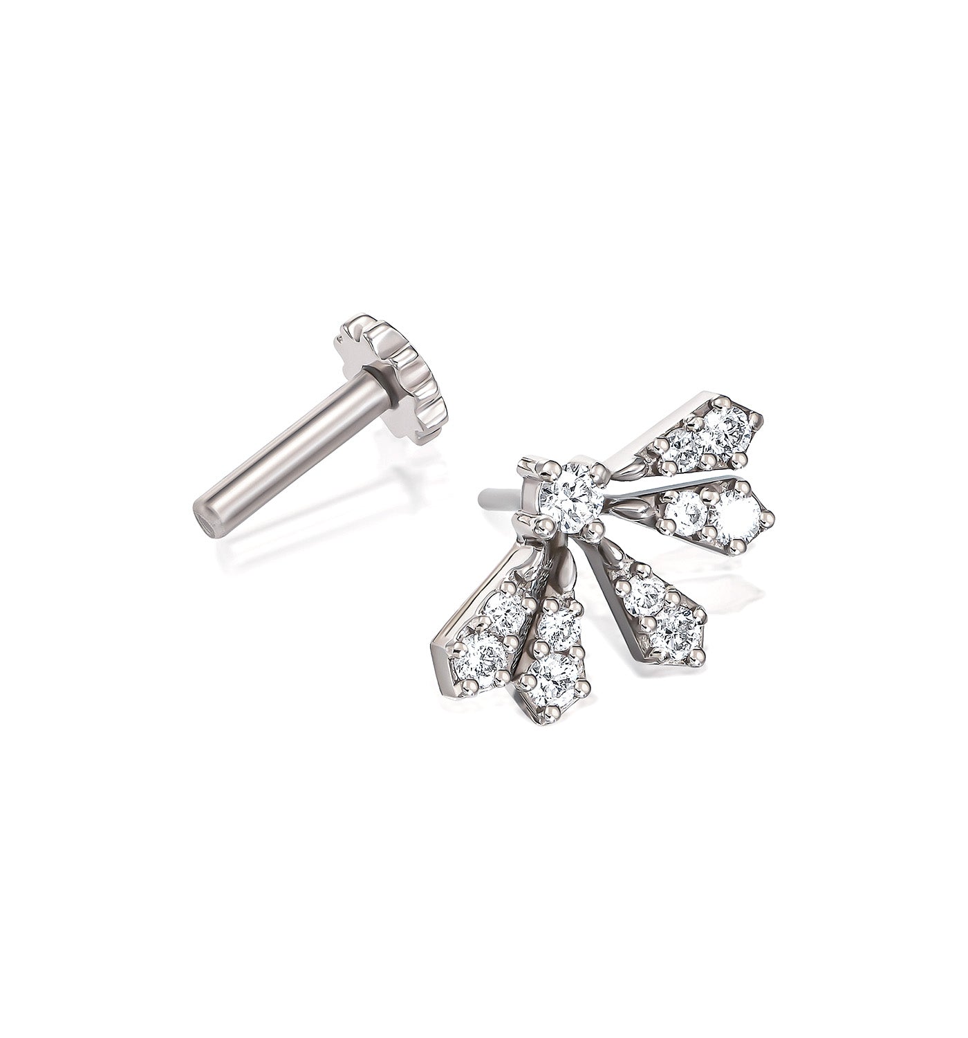 Vivi diamond piercing earring in white gold set with natural diamonds shown open with the post placed beside the earring